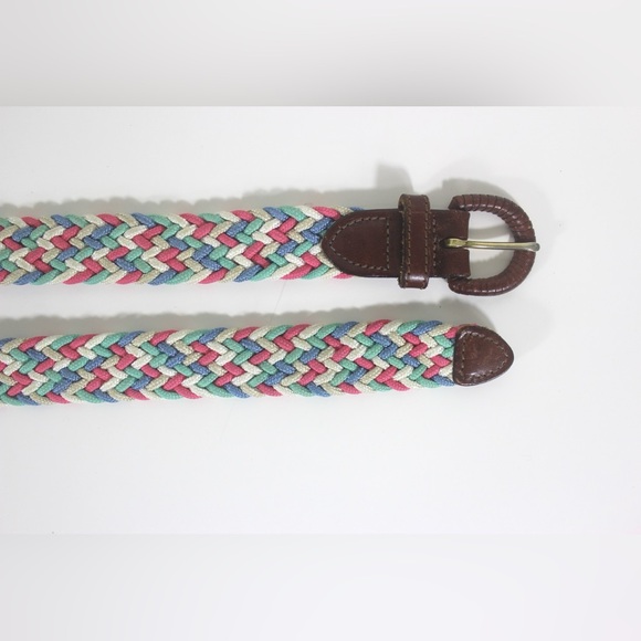 woven cord Belt with Warm Brown Leather Buckle and Tip Pink Green Blue Aqua - Picture 4 of 8